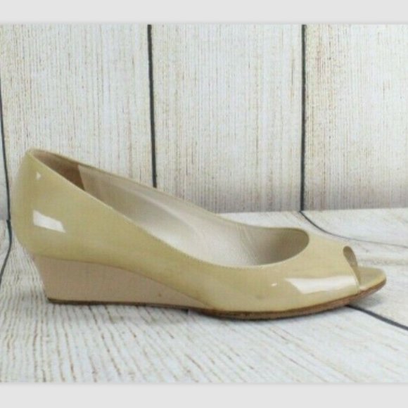Jimmy Choo Shoes - Jimmy Choo Beige Patent Leather Peep Toe Low Wedge Slip On Shoes Size 5